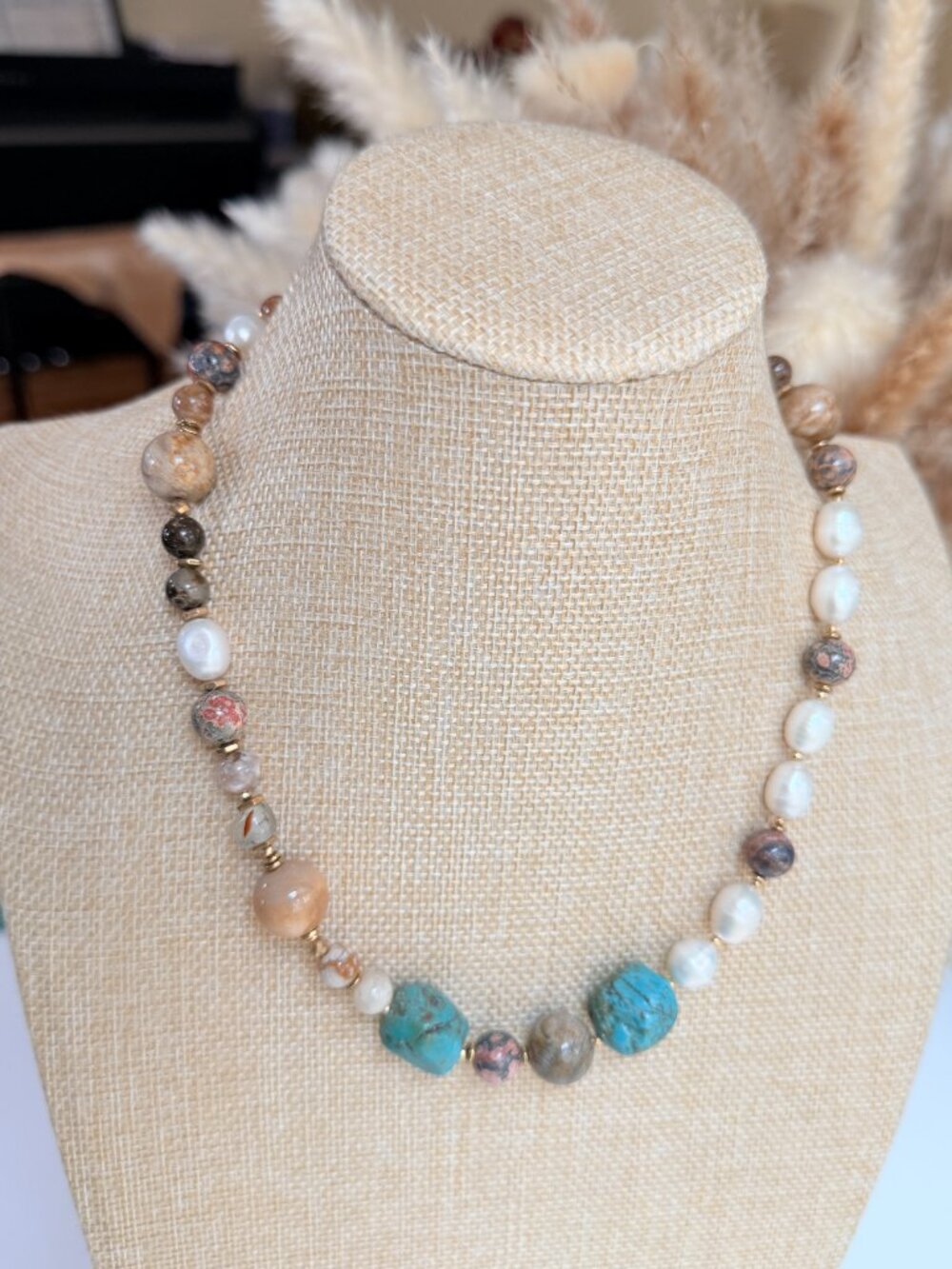 One of a Kind Turquoise Pearl Natural Stone Necklace
